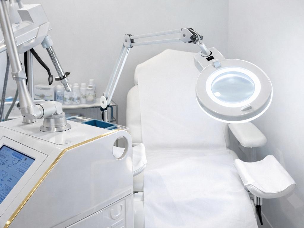 Salle de traitement du cabinet : laser fractionné, fauteuil d'examen et lampe loupe