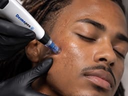 Stylo à micro-aiguilles, cartouche en place, passé sur la joue