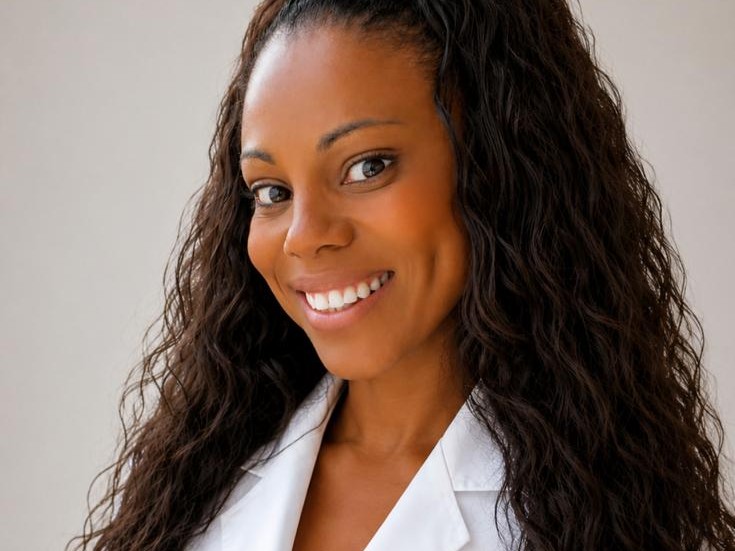 Le Dr Vanessa Cingala en blouse blanche, souriante